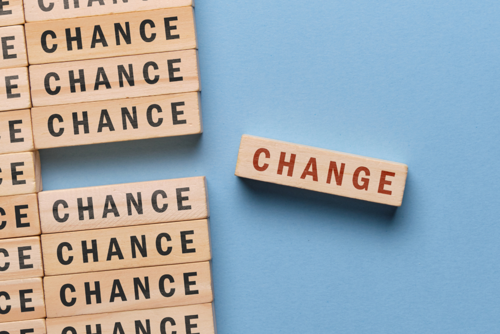 The concept of chance and change - a wooden block with an inscription on a blue background.