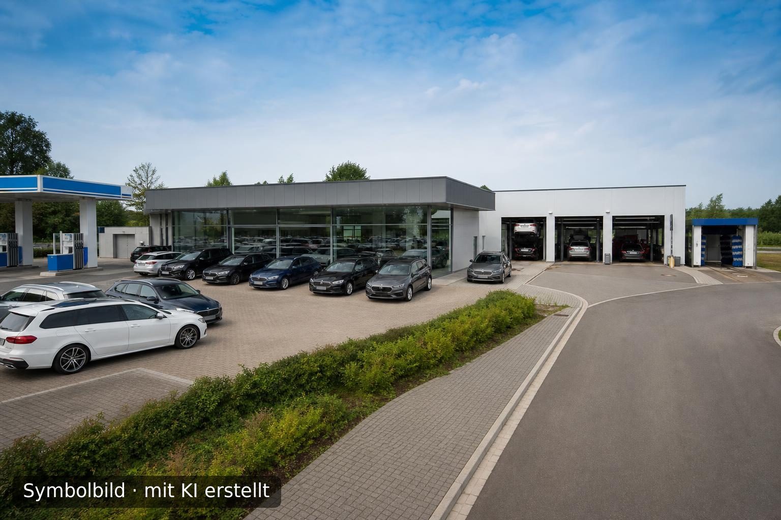Etabliertes Autohaus mit Werkstatt und Tankstelle in zentraler Lage Deutschlands Symbolbild – mit KI erstellt
