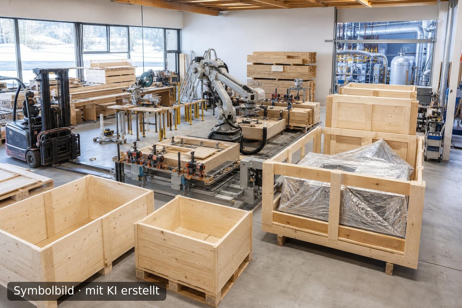 Etablierter Anbieter für Holzverpackungslösungen in der Schweiz zu verkaufen Symbolbild – mit KI erstellt